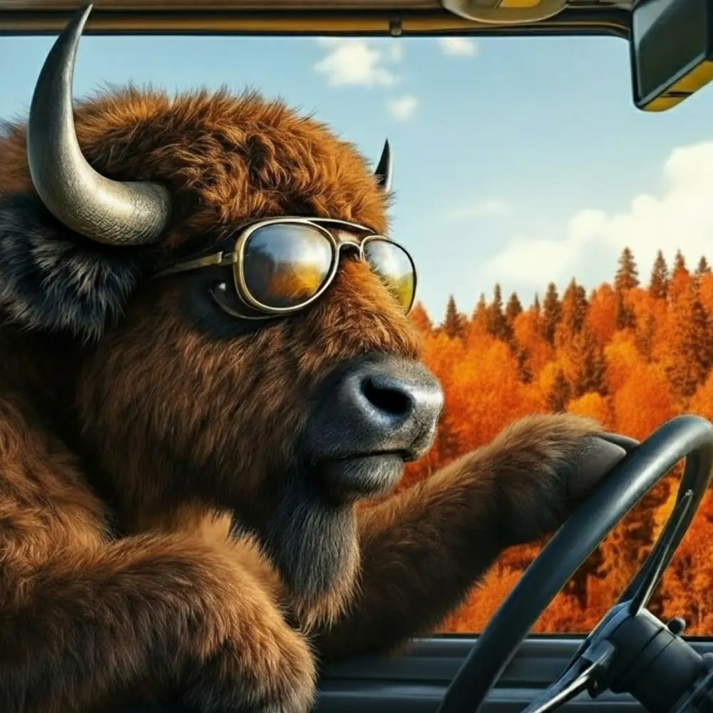 Big Bob the Bison wearing sunglasses, driving a classic vehicle through Alberta’s autumn backroads.