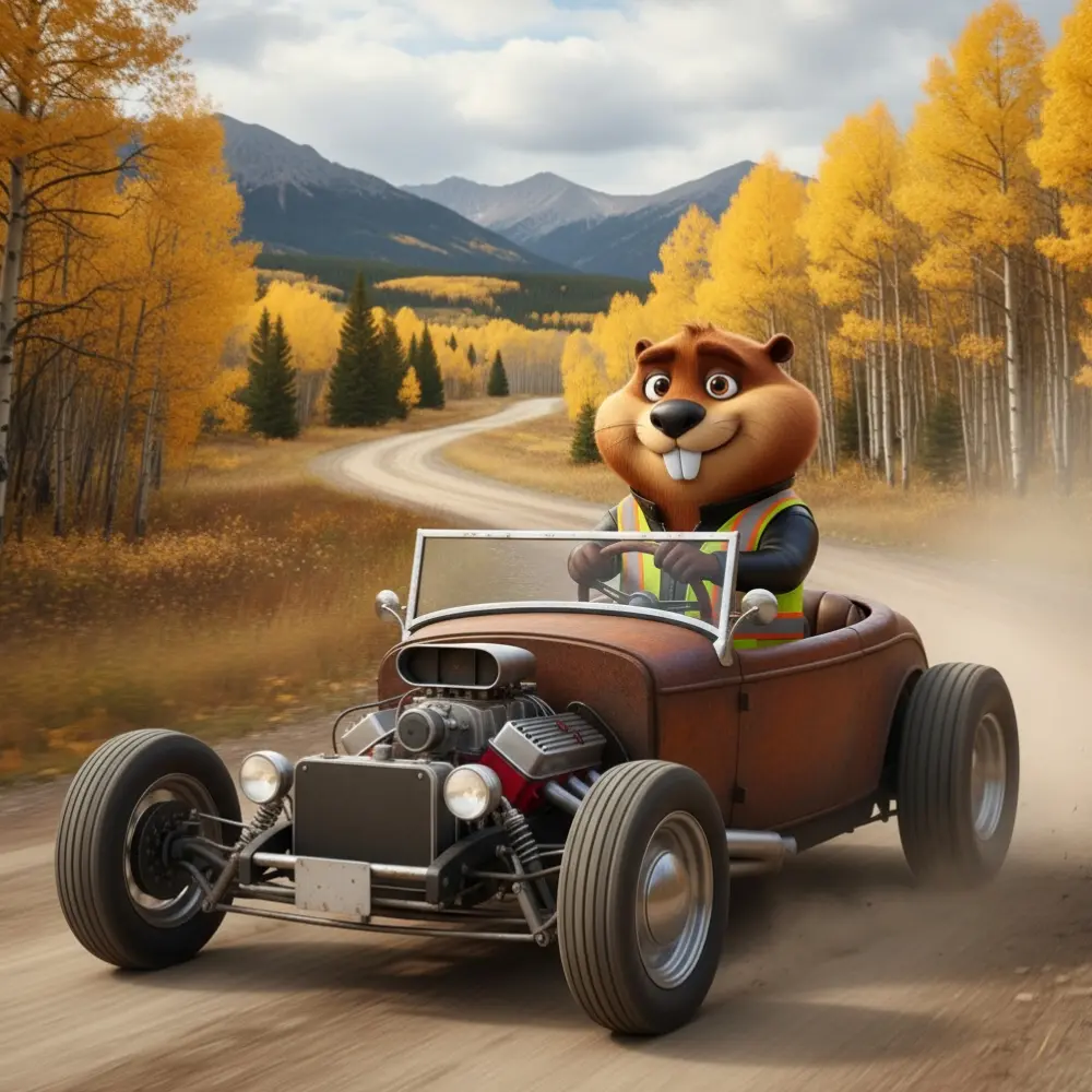 Cartoon beaver driving a classic car with a toolkit beside him, representing safety and preparedness on Alberta’s roads.