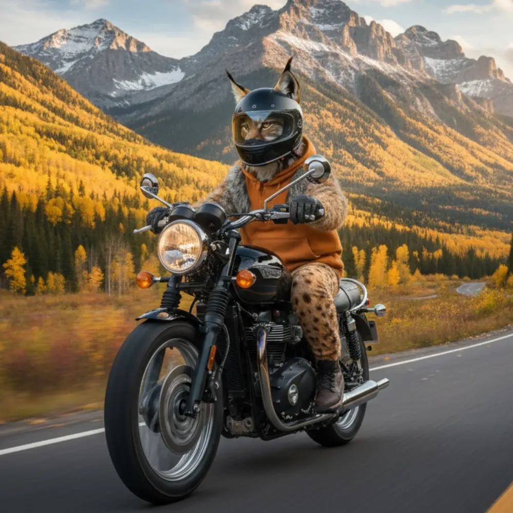 Lynx wearing a hoodie and riding a motorcycle through Alberta streets and mountain roads, blending city and rural energy.