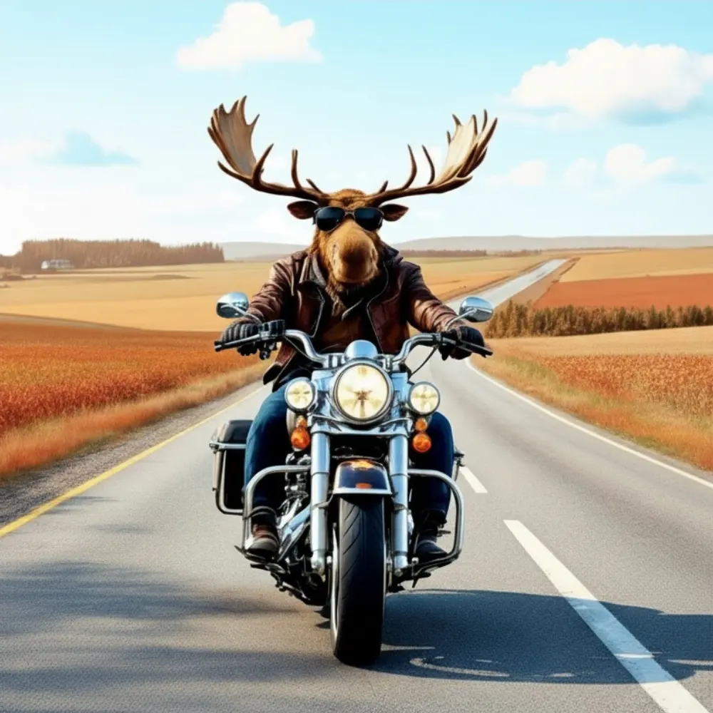 Cartoon moose riding a motorcycle down a Canadian highway, symbolizing a wandering nomad of Alberta’s wild roads.