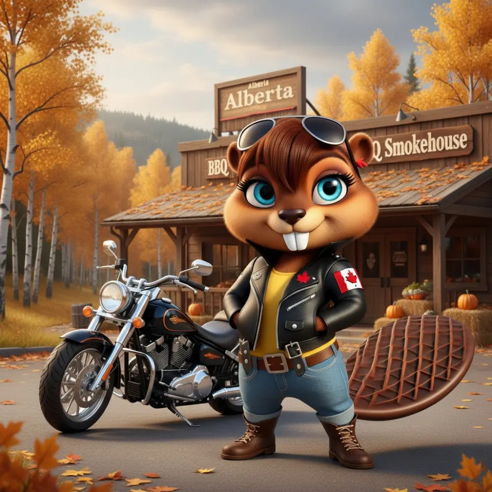 Cartoon beaver in a leather jacket with a Canadian flag patch, standing by a motorcycle in front of an Alberta BBQ smokehouse.