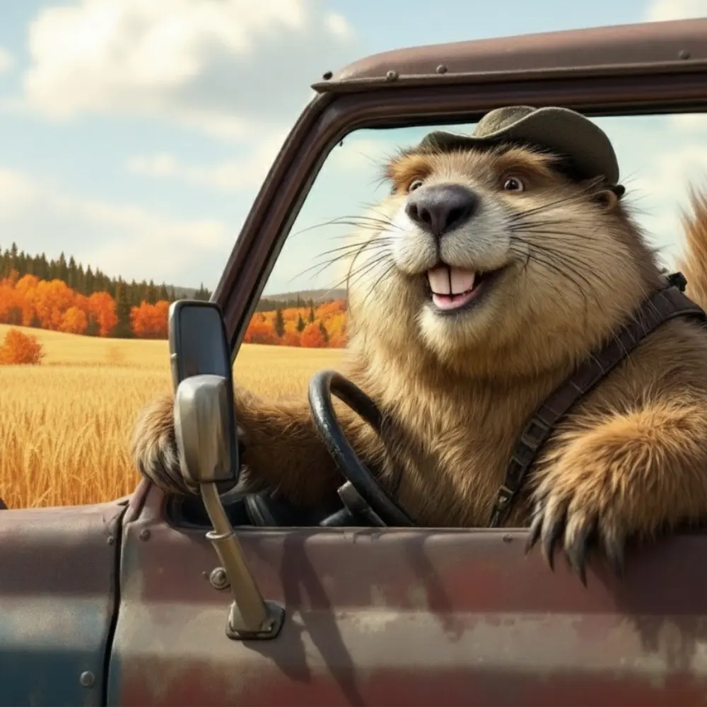 Stanley the prairie gopher in biker gear, smiling and posing near motorcycles with Alberta’s prairies in the background.