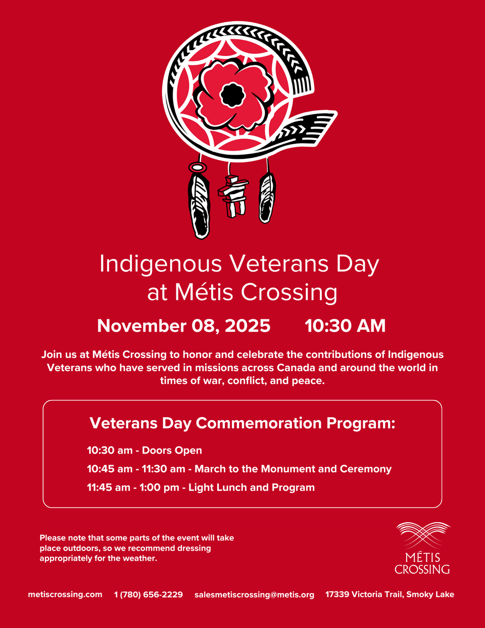 🎖️ Indigenous Veterans Day at Métis Crossing🗓️ November 8, 2025 | 🕥 10:30 AM📍 Métis Crossing | Smoky Lake, ABEach year on November 8, we pause to honour Indigenous Veterans who have served in missions across Canada and around the world in times of war, conflict, and peace.Join us for a meaningful morning of reflection and gratitude starting at 10:30 AM.Find more details here: https://metiscrossing.com/things-to-do/events-at-metis-crossing/indigenous-veterans-day/ #IndigenousVeteransDay #MétisCrossing #HonourAndRemember #MétisVeterans #SmokyLakeEvents #November8 #RemembranceDay #VeteransDayCanada