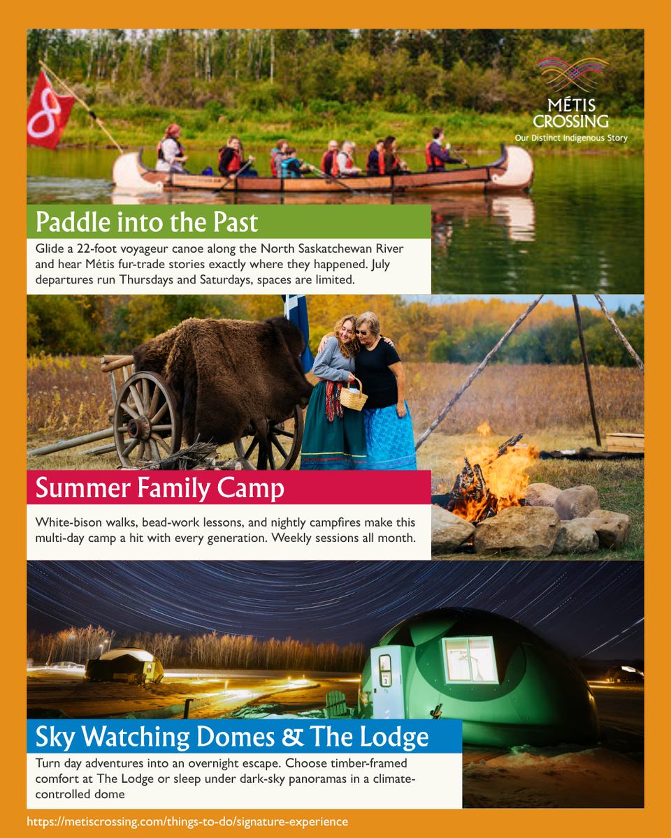 🚣‍♂️ Paddle into the Past, 🌞 Summer Family Camp, and 🌌 Sky Watching Domes three signature experiences that bring Métis history, family fun, and dark-sky wonder to life this July. Book your adventure now: https://metiscrossing.com/things-to-do/signature-experience/ #MétisCrossing #IndigenousTourism #ExploreAlberta